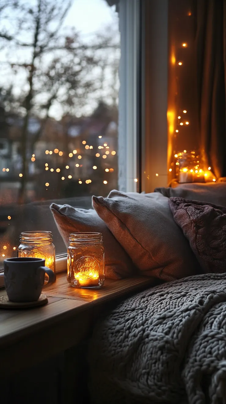 A cozy living room at dusk, with mason jars glowing softly on a windowsill, surrounded by fairy lights