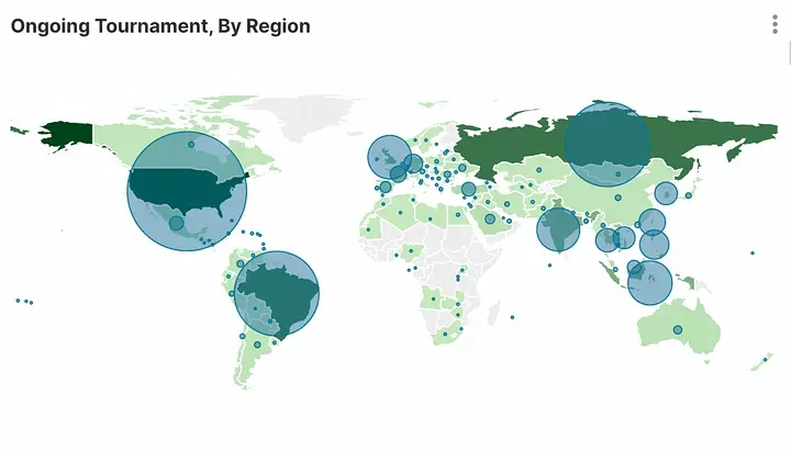 上線一個月，世界各國舉辦Omlet錦標賽的數量與分佈
