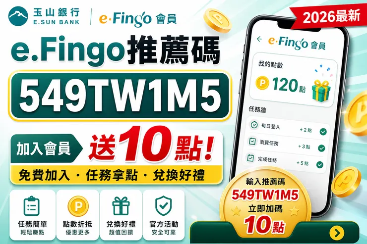 【2026最新】玉山e.Fingo推薦碼「549TW1M5」加入玉山e.Fingo會員送10點!完整教學+點數玩法全攻略