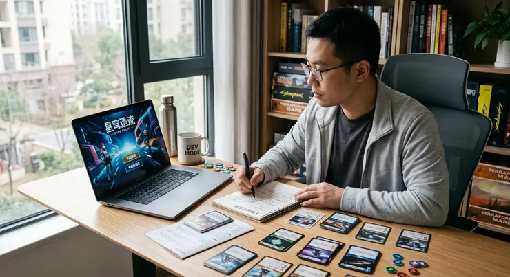 梁练伟专注研究《星穹遗迹》初始界面，在笔记本上构思新手卡组策略。