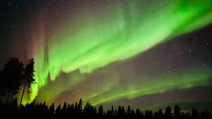 這晚的極光溫柔地覆蓋夜空，綠與紫交織如絲如霧，讓人屏息欣賞。不需要濾鏡，這就是芬蘭的魔法時刻。