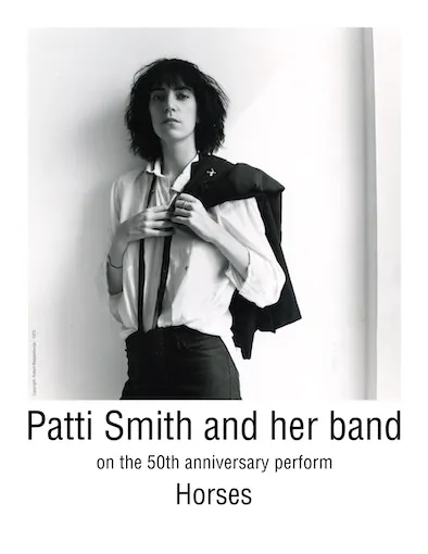 龐克教母 Patti Smith 經典形象照，出自《Horses》50週年巡演宣傳海報 圖片來源：Patti Smith 官方網站