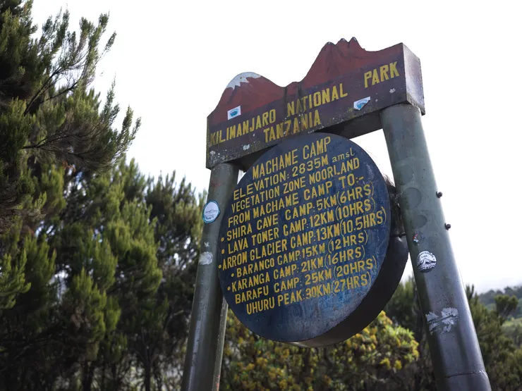 Machame camp的標示牌，上面資訊一清二楚，十分貼心