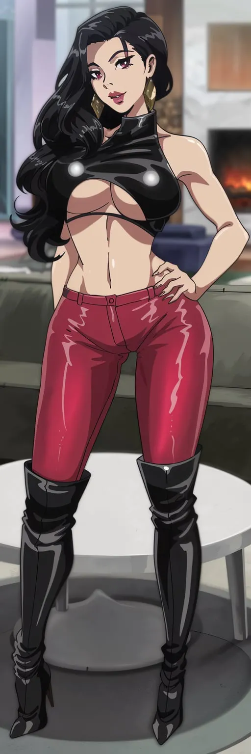 A voluptuous woman with long, wavy black hair. She is wearing a black, shiny, halter-style top that exposes her midriff, paired with red leather pants. She also sports black knee-high boots with pointed toes. The woman is posing in what appears to be a modern living space, with a white table and a blurred background that suggests a room with a sofa and a fireplace.