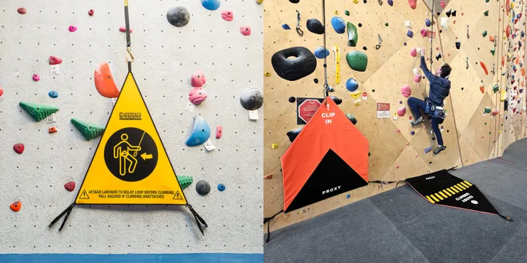 上圖為不同廠牌的警示旗。攀岩者需放下警示旗、扣上安全扣環，才能踏上起攀點，開始攀登。