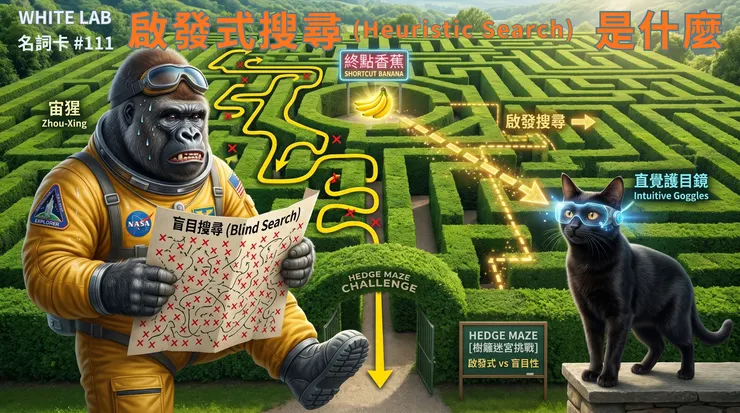 圖片來源:White-Lab 製作(AI 生成/Canva 設計)|啟發式搜尋 (Heuristic Search) 是什麼教學封面。