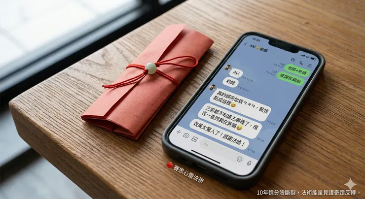 賽思心靈法術內頁圖-迷魂鎖心術實戰結果-男友從冷酷變身黏人精對話截圖佐證。