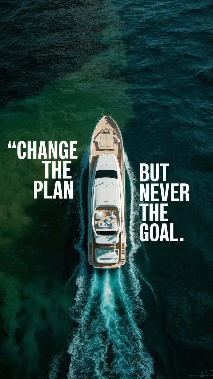A high-resolution, breathtaking image that perfectly blends tranquil ocean waters with a touch of luxury. The ocean shimmers in a rich palette of blues and greens, creating a soothing backdrop. At the heart of the scene, a luxurious white yacht is showcased from a bird's eye view, revealing its elegant design and intricate details. The yacht sails on the ocean, leaving a trail of sparkling white foam behind it. A motivational quote, spelled out in bold white letters, reads: "Change the plan but never the goal." This powerful phrase highlights the importance of adaptability while maintaining a steadfast focus on long-term aspirations. The overall ambiance of the image is both calming and inspirational, evoking a sense of adventure and success.