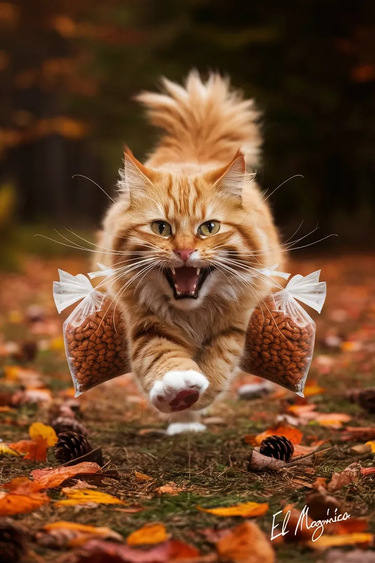 A very fluffy, ginger cat is sprinting towards the camera with a determined, mischievous expression. Its mouth is open in a wide, excited pant, teeth bared, and eyes narrowed. The cat clutches two clear plastic bags filled with dry pet food, presumably treats, one in each paw.  The setting appears to be a forest floor in autumn. The ground is covered in fallen leaves in warm shades of orange and brown, and a few pine cones are scattered around. The background is blurred, creating a sense of motion and emphasizing the cat's speed. The overall impression is of a playful, perhaps slightly greedy, cat who is very eager to enjoy its bounty, perfectly detailed, perfect Wide long shot visual masterpiece, hand signed by "El Magnifico" on the bottom right corner.