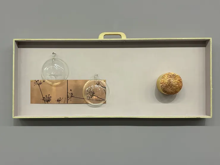 〈休憩按鈕〉。倒扣過來兩隻玻璃茶杯跟底下壓了花草的圖案，讓我一開始以為這是禮盒什麼的⋯⋯結果介紹說是行李箱。印刷的圖案則是「英國約克郡的鄉村風景」⋯⋯嗯，不覺得這種城市/鄉村、快速消費/緩慢品味、現代化（因而不可取）/ 原始淳樸（因而推崇嚮往）的論述框架已經有點陳腔濫調了嗎。我是覺得藝術家需要再思考一下自己要批判的每項生產消費環節，背後更具體的脈絡指涉是什麼。 （另外不懂「按鈕」是什麼概念。不是特別喜歡這個展似乎經常用隱喻式的意象幫作品命名——雕塑這種形式，很多時候單看作品的造型跟媒材本身不就已經要足夠清楚了嗎。）