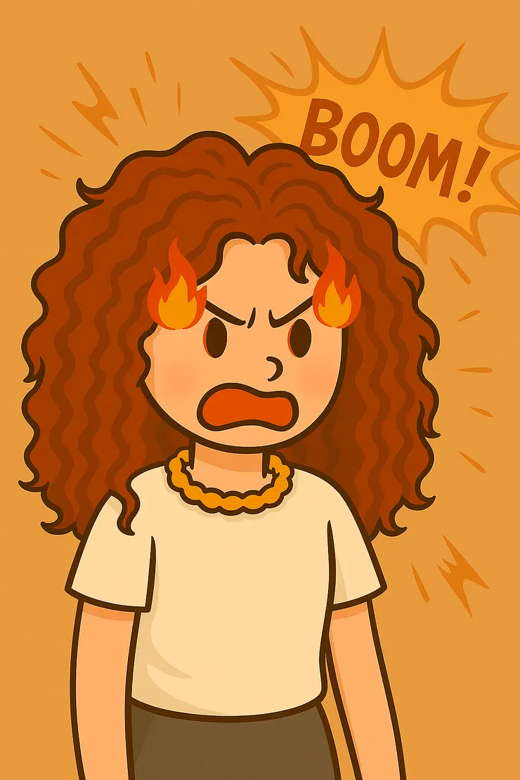 別誤會，她不是想毀滅世界， 她只是怕別人踩到我心裡的舊傷。 所以她一出來，就是滿臉怒氣、炸毛亂竄， 好像在說：「小心點！這裡曾經痛過。」 我想，這就是我的預防保護機制～ 而且強烈到連我自己都被嚇到。