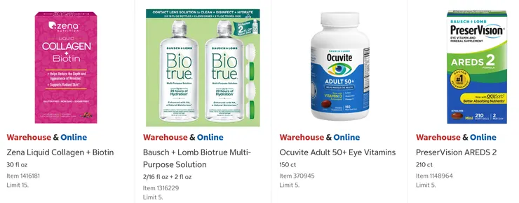 Zena 液態膠原蛋白 $28.99、Biotrue 多功能護理液 $21.99、博士倫銀髮族護眼錠 $25.99、博士倫護眼錠 $34.99。