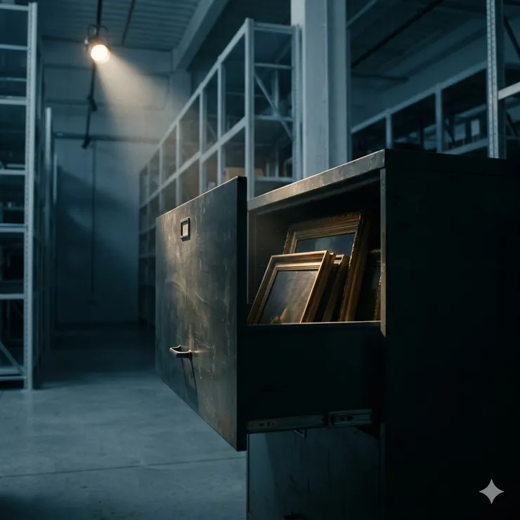 半開的抽屜中，畫作被暫時安置在陰影與光之間。被留下的，不一定是應該存在的。〈本內文示意圖由AI協助生成。〉