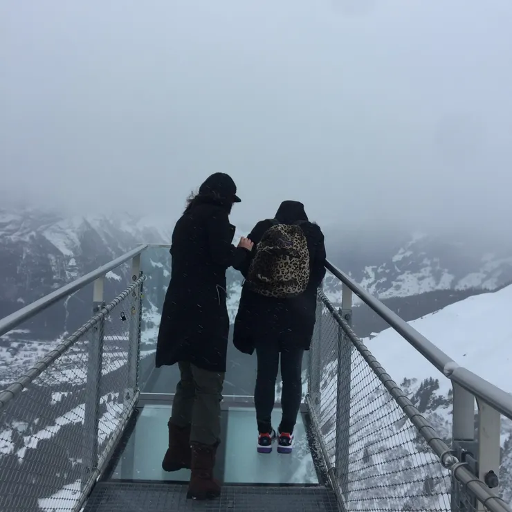 從天空步道向下俯瞰山谷間的小鎮風光及欣賞壯麗的瑞士雪景