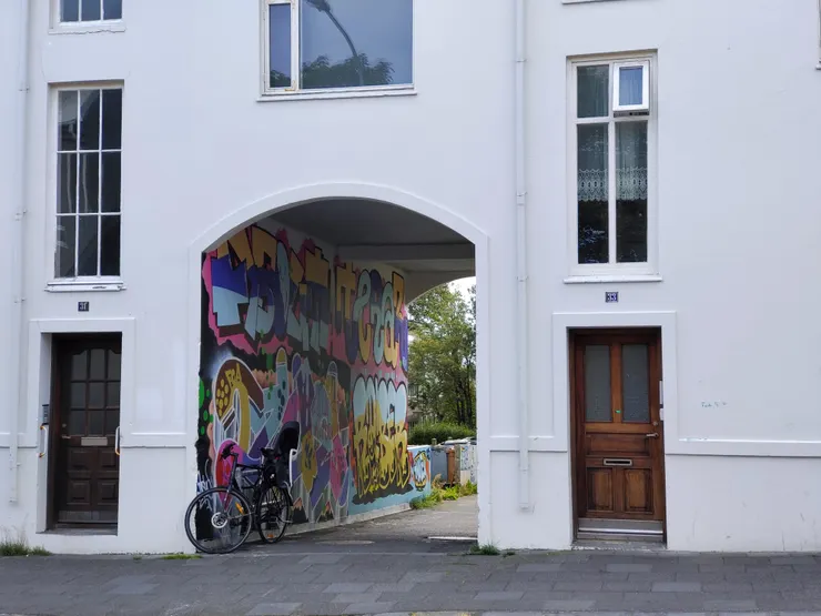 Laugavegur街上的塗鴉。此街為雷克雅維克最早的街道之一,是早年婦女們前往溫泉山谷洗衣服必經的道路;現為熱鬧的商店街。