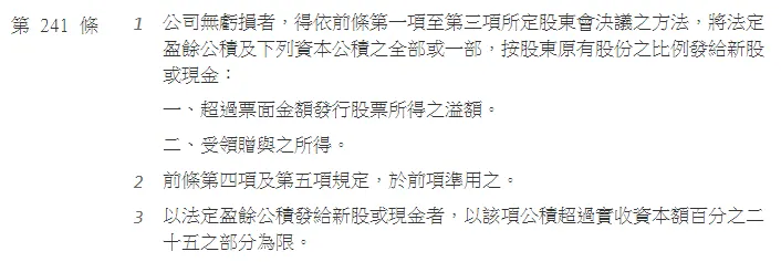 資料來源：全國法規資料庫；公司法第241條，公積配息相關規定