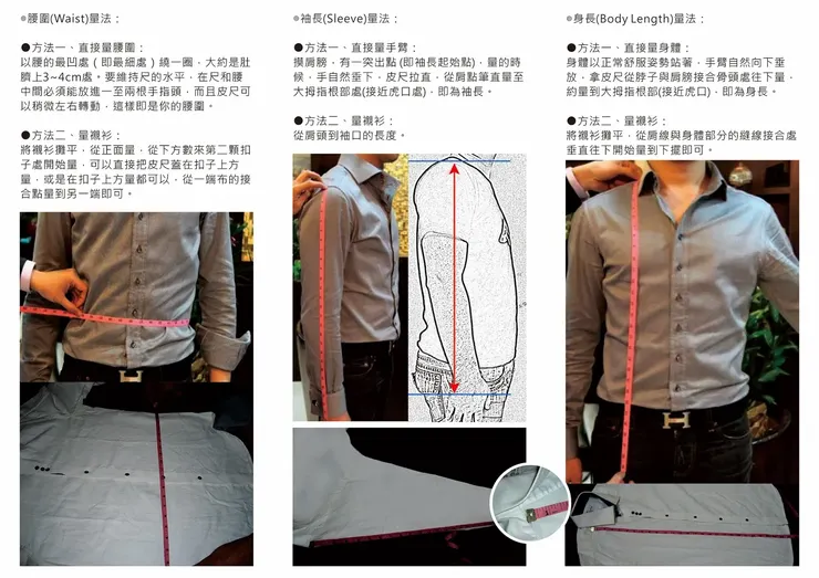 腰圍，袖長，身長量度方法