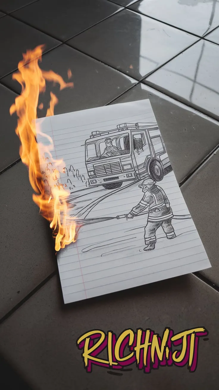 A hand-drawn sketch on lined paper with the image of a firefighter spraying water from a hose towards a fire. The drawing includes a fire truck in the background with a driver visible in the cabin. The paper is placed on a reflective tiled floor. The left edge of the paper is burning with real flames, and the fire appears to stop exactly where the drawn water is directed, creating an illusion that the sketch is extinguishing the real fire. Below right corner in italic style vibrant graffiti style text signature "Richniji" text spelled correctly.