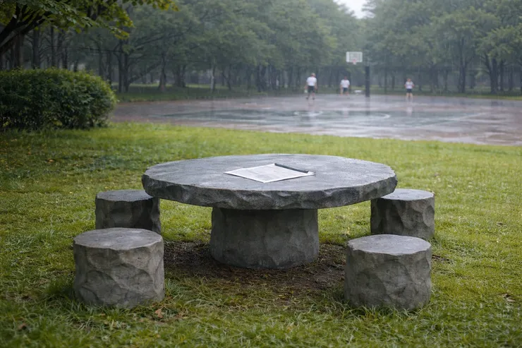 雨中的石桌石椅 - AI