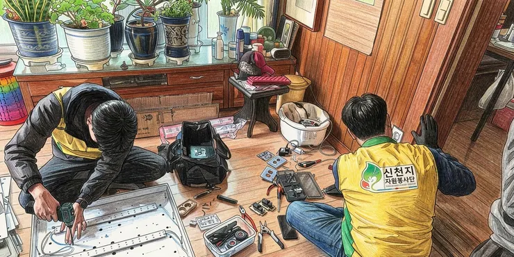 志工們正進行日光燈及電氣安全的檢查。【照片提供：新天地志工服務團光州分部】