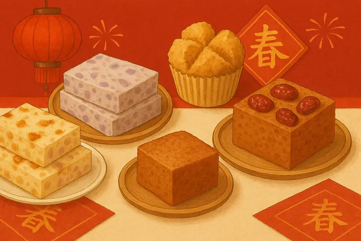 蘿蔔糕、芋頭糕、發糕和紅棗糕，是備受歡迎的賀年食品。（圖片由Copilot協助製作）