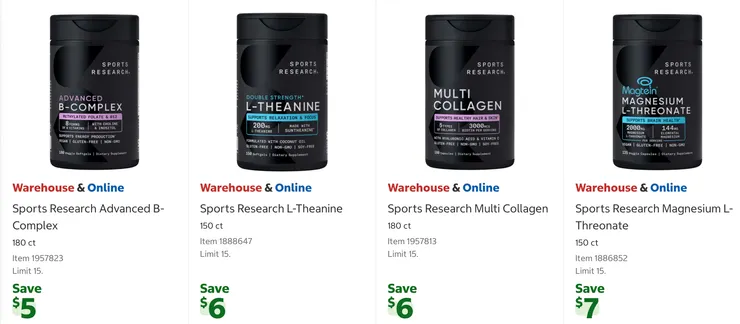 綜合B群 $23.99、L-茶氨酸 $27.99、膠原蛋白 $25.99、鎂錠 $30.99。