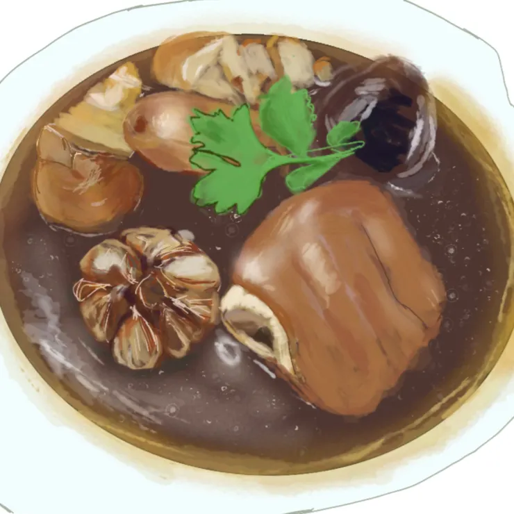 這是一張肉骨茶插畫。深褐色湯頭裡有豬排骨、整顆大蒜與香菇，點綴翠綠香菜，視覺感濃郁溫暖。