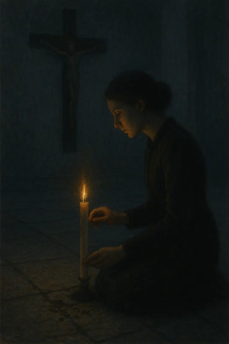 她跪在十字架前,用燒焦祈禱頁點燃蠟燭,灰燼與光象徵著救贖。〈本章節插圖示意圖由AI協助生成。〉