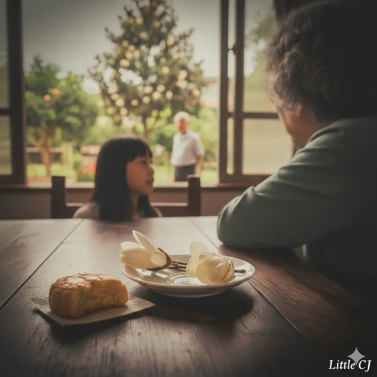 桌上的玉蘭花和糕餅。