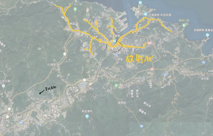 前往基隆市區的放射性道路網