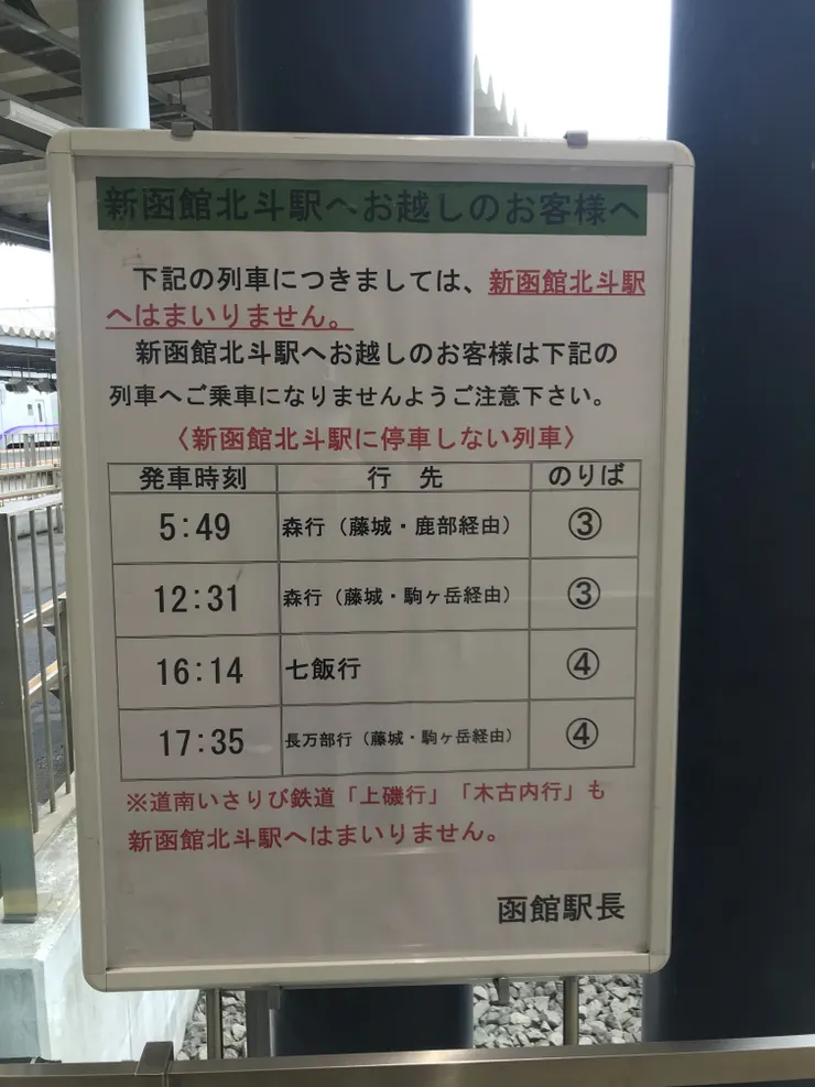 月台上的告示告訴大家這班車不會前往新函館北斗站