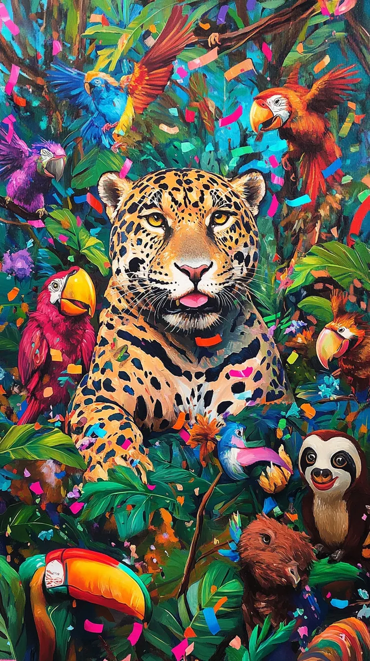 A lively and colorful acrylic painting of a jaguar hosting a jungle party, various jungle animals (monkeys, parrots, toucans, sloths) dancing and celebrating