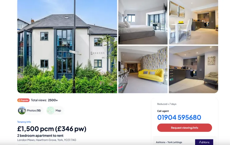 約克含家具的房一個月1500英鎊