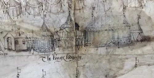 英國國王亨利八世的帳篷在地圖中間,圖片來源:Medieval manuscripts blog /Cotton Roll XIII 41