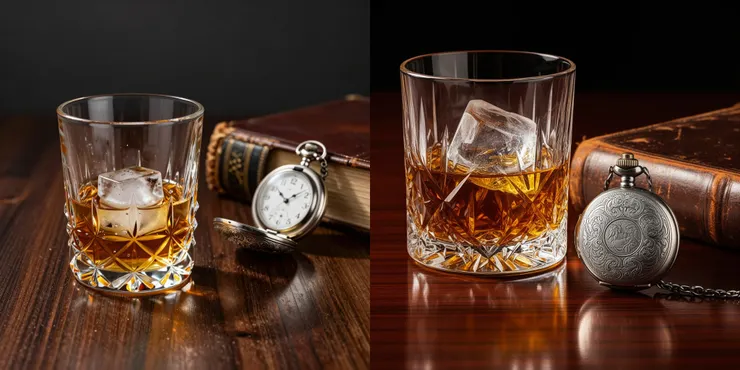Prompt: A photograph of a luxurious still life scene on a polished dark wood table. A heavy cut crystal whiskey glass filled with amber liquid and a single large ice cube sits next to an antique engraved silver pocket watch and an old leather-bound book. Studio lighting highlights the light refraction through the glass and ice, and the metallic reflections on the silver. (左：Z-Image-Turbo 右：FLUX-2 [dev])
