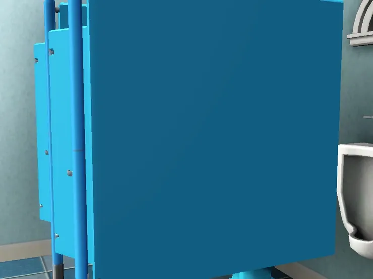 男廁以天藍色為主色，廁格當然要配合。