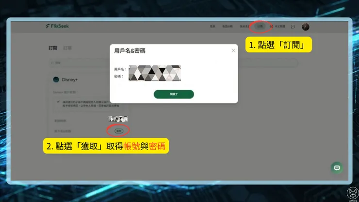 FlixSeek 首頁「訂閱」頁面截圖，展示購買成功後查看帳號密碼的位置。(法鬥先生已經有Gemini Pro，用Disney+來做範例)