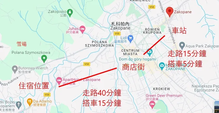 我們雪場/住宿位置跟商店街/車站的相對圖。
