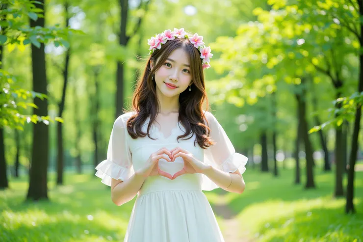 made a heart gesture with her hands forward, 雙手向前，做出了心形的手勢