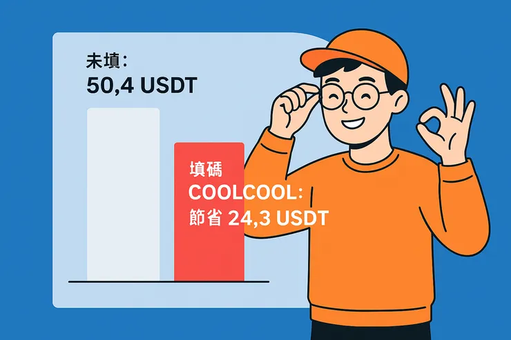 實測同樣交易筆數，填寫邀請碼「COOLCOOL」可省下 24.3 USDT 手續費開銷