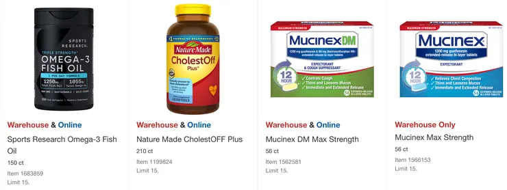 Omega-3 魚油 $26.99、Nature Made 膽固醇補充劑 $28.49、Mucinex 感冒藥 $27.49。