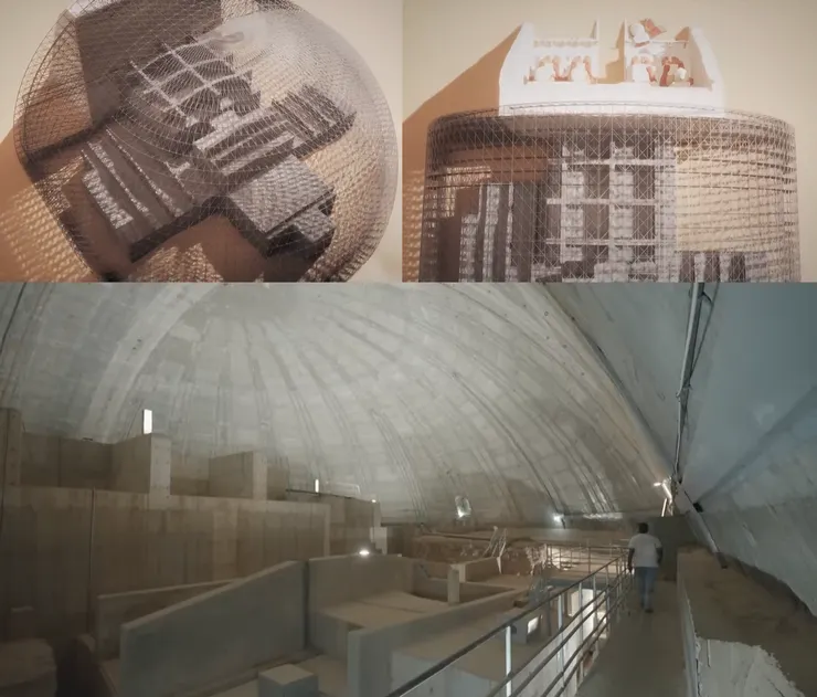 人造山內部的混凝土圓頂結構。截圖自紀錄片,該影片連結置於文末。