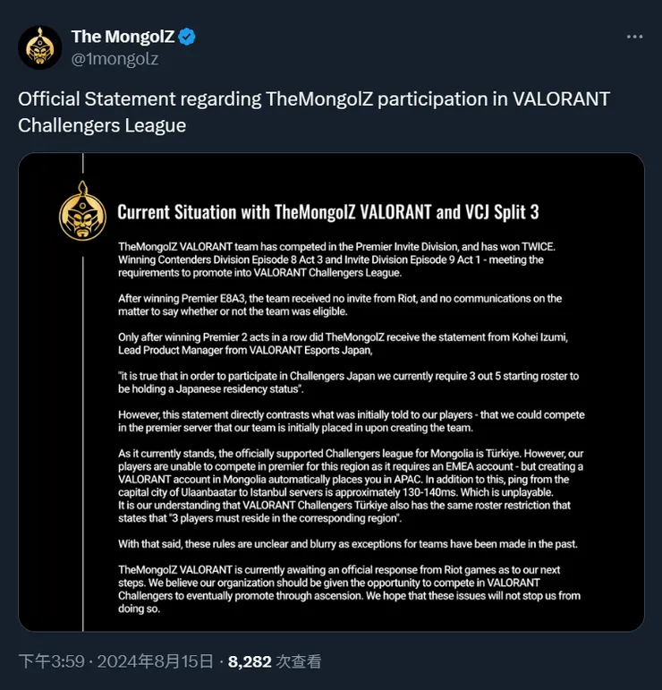 X.com: Official Statement regarding TheMongolZ participation in VALORANT Challengers League