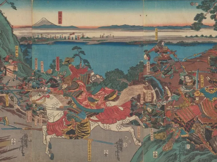 《北條九代記鴻之台合戦》局部／歌川芳虎／中央的主角正是突破小弓軍的北条氏康