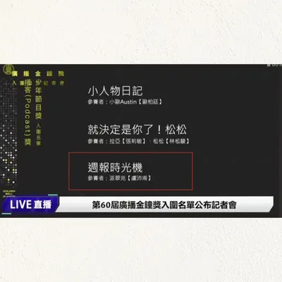 週報時光機入圍第60屆廣播金鐘獎Podcast—少年節目獎 