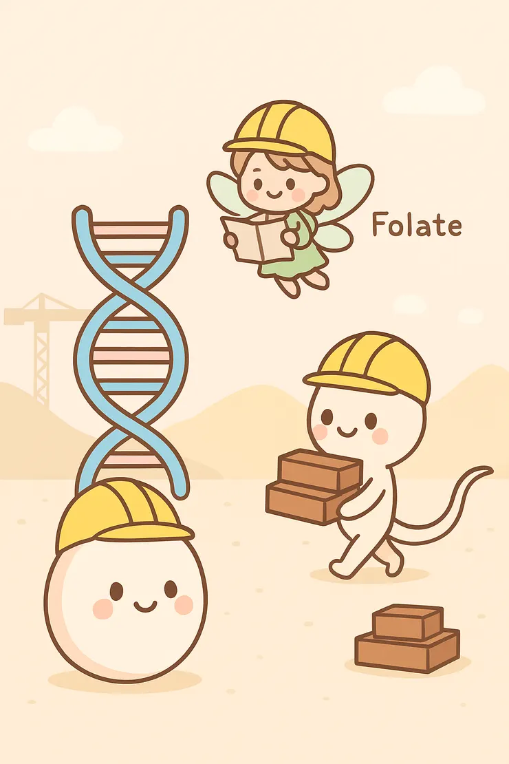 卵子與精子在「DNA 工地」努力施工，葉酸小精靈化身建築隊長，守護 DNA 工程。
