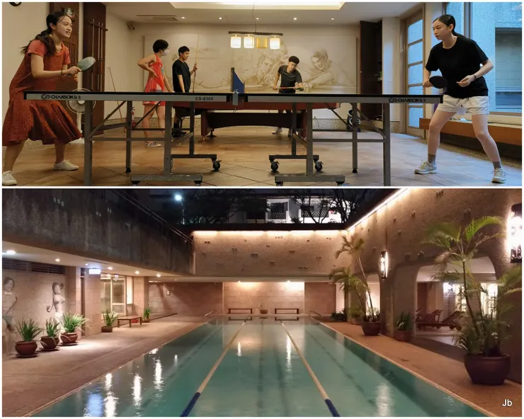 社區撞球、乒乓球室與游泳池，都365天開放，如果不怕冷，可以冬泳。