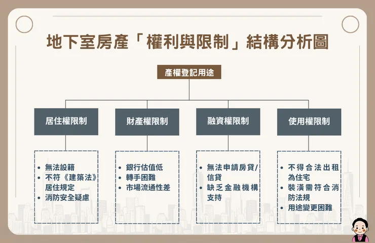 一張關於地下室房產權利與限制的專業結構分析圖，從產權登記用途的核心問題，解析其在居住、財產、融資與使用權上的各項限制。