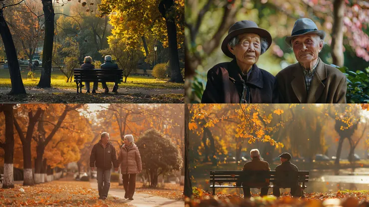 an old couple, in the park, wide shot, --ar 16:9