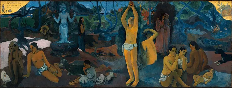 現代時期：高更 (Paul Gauguin) 的《我們從哪裡來？我們是誰？我們往哪裡去？》(Where Do We Come From? What Are We? Where Are We Going?, 1897)（圖片取自網路）